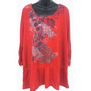 Style & Company Top Plus 2X Red Floral Peplum Scoop 3/4 Sleeve Women New B70